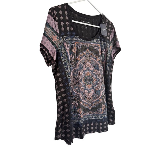 Lucky Brand Tee Size 1X NWT $40 BOHO Print Black Scoop Neck Shirt - Picture 7 of 8